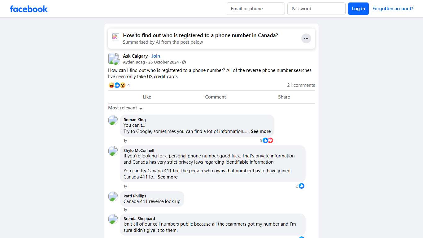 Ask Calgary How can I find out who is registered to a phone number Facebook